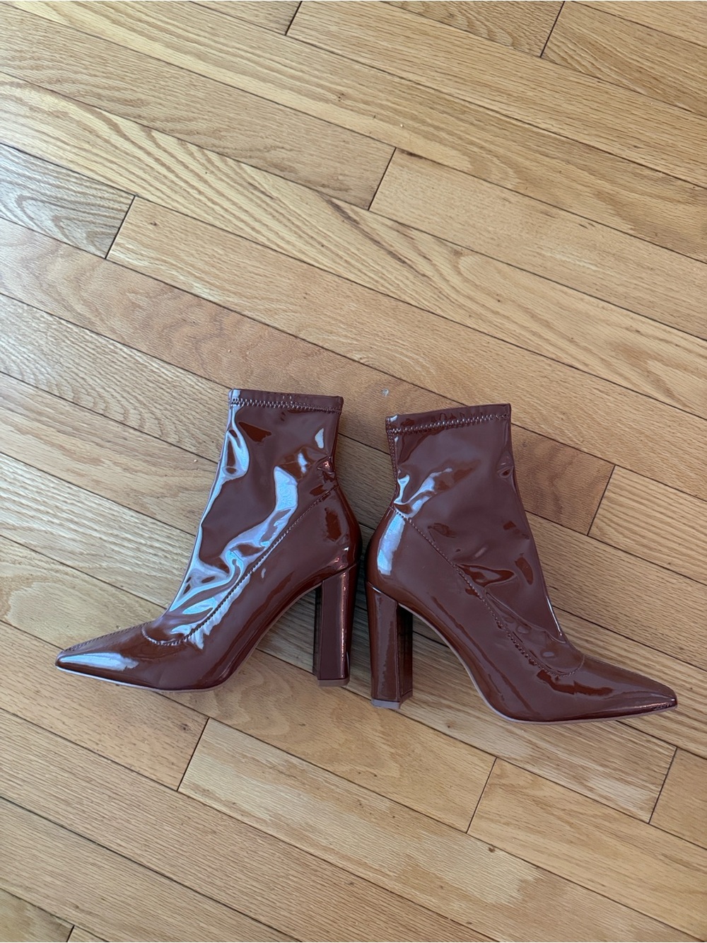 Aldo Glossy Patent Pointed Toe Ankle Boots in Chestnut Brown